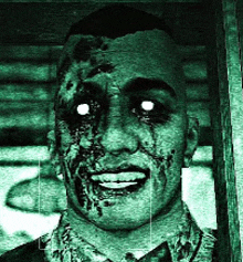 a man with blood on his face is smiling with his eyes glowing in the dark