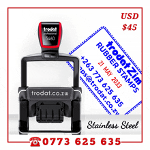 an advertisement for trodat rubber stamps with a phone number on it