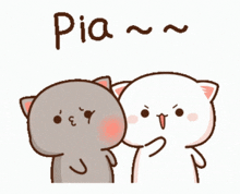 two cartoon cats are standing next to each other and the word pia is written above them