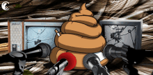 a pile of poop is surrounded by microphones and a television