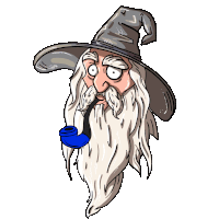 a cartoon of a wizard with a beard and hat smoking a blue pipe