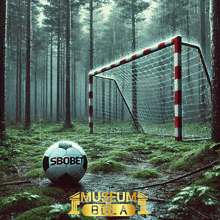 a soccer ball that says ' sbobet ' on it is in the middle of a forest