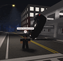 a video game character says piroetta simulator while standing next to a car