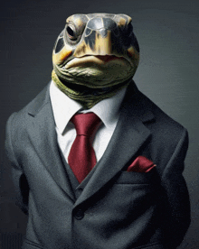 a turtle is wearing a suit and tie with a red pocket square