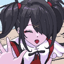 a pixel art drawing of a girl with pigtails giving the middle finger