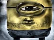 a close up of a minion 's face with glasses