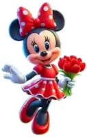 minnie mouse is wearing a red dress and holding a bouquet of red tulips