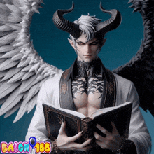 a man with horns and wings is reading a book with balloon 168 in the background