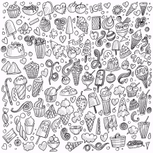 a black and white drawing of ice cream cones cupcakes and candy