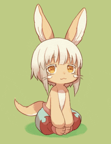 a cartoon drawing of a rabbit with white hair and brown eyes