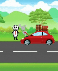 a cartoon character is standing next to a red car with luggage on the roof