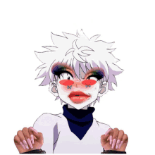 a drawing of a girl with white hair and pink nails making a funny face