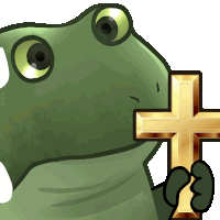 a frog is holding a gold cross in its hand