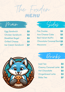 a menu for a restaurant called the foxden with a fox holding a cookie