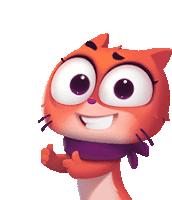 a cartoon cat is wearing a purple scarf and smiling .