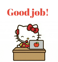 a hello kitty sitting at a desk with a laptop and the words " good job " above her