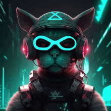 a cat wearing headphones and a helmet with an infinity symbol on it