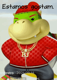 a cartoon character is wearing a gucci jacket and a bj chain