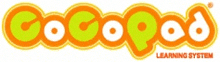 a logo for cocopod learning system with orange and green letters