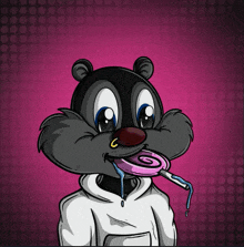 a cartoon drawing of a squirrel wearing a hoodie and holding a lollipop