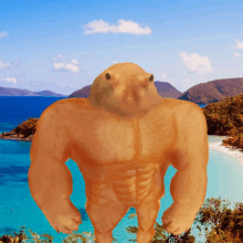 a picture of a bear with muscles in front of a beach with mountains in the background