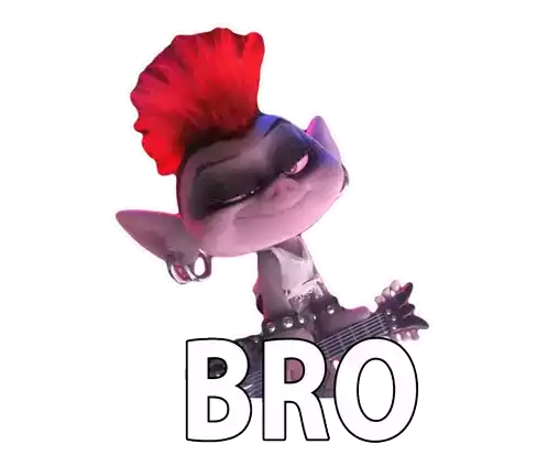 a troll with a red mohawk is holding a guitar and the word bro is above it