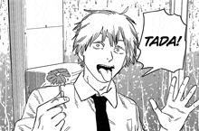 a black and white drawing of a man holding a flower and a speech bubble that says ' dada '