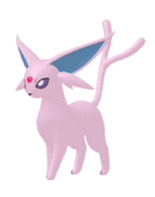 a 3d model of a pink pokemon with blue ears and a long tail .