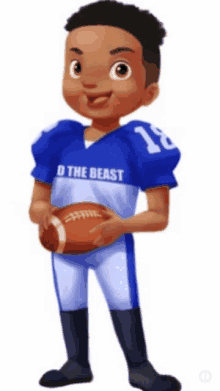 a boy wearing a blue jersey that says d the beast holds a football