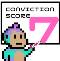 a pixel art monkey points to a sign that says conviction score 7