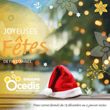 an advertisement for joyeuses fetes de fin d' annee with a santa hat in the foreground