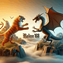 a tiger and a dragon are standing next to each other in the sky .