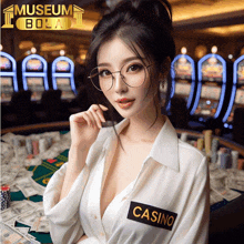 a woman wearing glasses and a shirt that says casino on it