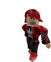 a roblox character with red hair and a red adidas shirt