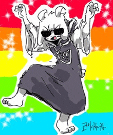 a drawing of a rabbit wearing sunglasses and a dress is dancing on a rainbow background .