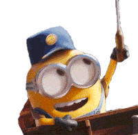 a cartoon minion wearing a blue hat and goggles is holding a stick