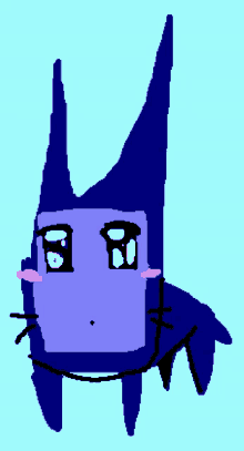 a cartoon drawing of a blue rabbit with a pink nose and eyes