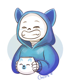 a drawing of a skeleton wearing a blue cat hoodie holding a cup of coffee