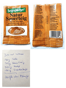 a package of seitenbacher natur sauerteig sits on a table