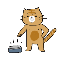 a cartoon cat is standing next to a small bowl of food