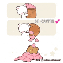 a cartoon of a teddy bear holding a basket of hearts with the words hi cutie written above it