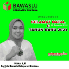 a woman in a hijab is on a green background that says selamat natal tahun baru 2021