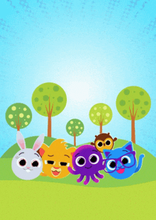 a group of cartoon characters are standing in a field