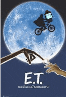 a poster for e.t. the extraterrestrial with a person on a bike