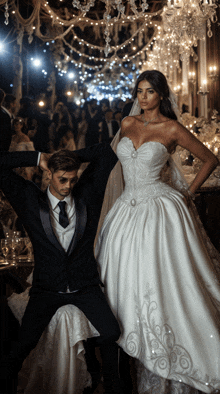 a bride and groom posing for a picture in front of a crowd