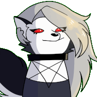 a cartoon of a wolf with red eyes and a pentagram around her neck