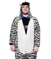 a man in a zebra costume is wearing a shirt with the word osi on it