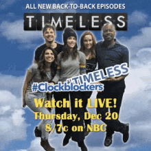 a poster for timeless shows a group of people posing for a picture