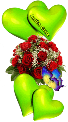 a bouquet of red roses and green hearts with anita cruz written on them