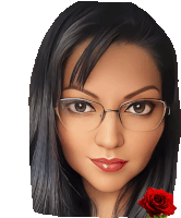 a woman wearing glasses has a red rose in her hair